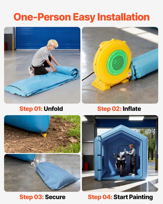 VEVOR Opblaasbare Spuitcabine 3 x 2,6 x 2,6M, Spuitcabine Tent met 550 W Blower & Luchtfiltersysteem & Transparant Venster, Driehoekig Dak, 210D Oxford Stof, Spuitverf Blauw — afbeelding 5