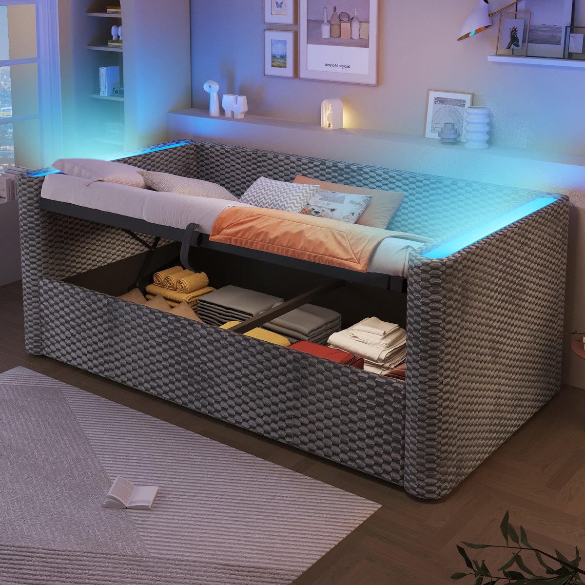 STILVORA Gestoffeerd bed 90x200 cm – Eenpersoonsbed Met Hydraulische Opbergruimte & LED – App-Bediening – Zonder matras – Fluweel;MDF – Grijs