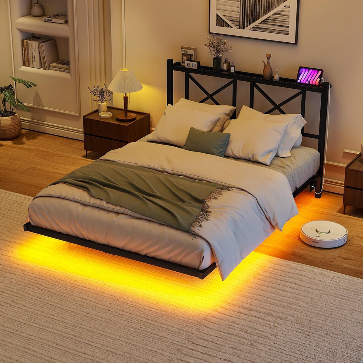 KOMHTOM BLACKCOLORS 120 x 200 cm, tweepersoonsbedframe, bedframe met ledverlichting en oplaadstation, bedframe met hoofdeinde, hangend bedframe, metalen bed, robuust en stabiel tweepersoonsbed, eenvoudige montage (zonder matras Zwart