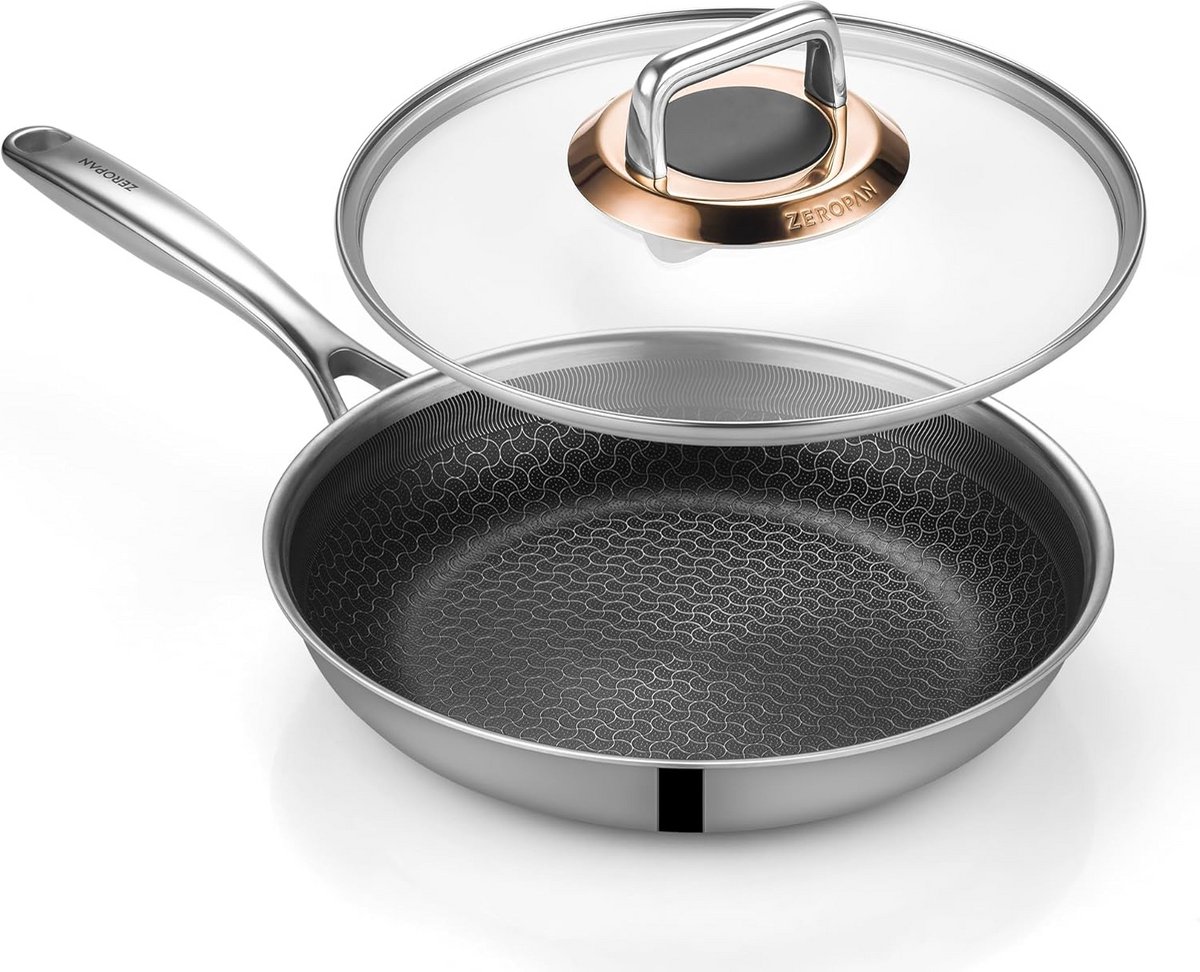 Roestvrijstalen koekenpan 26 cm met deksel - anti-aanbaklaag, ovenbestendig 260°C, PFAS/PFOA/PTFE-vrij, geschikt voor alle kookplaten inclusief inductie