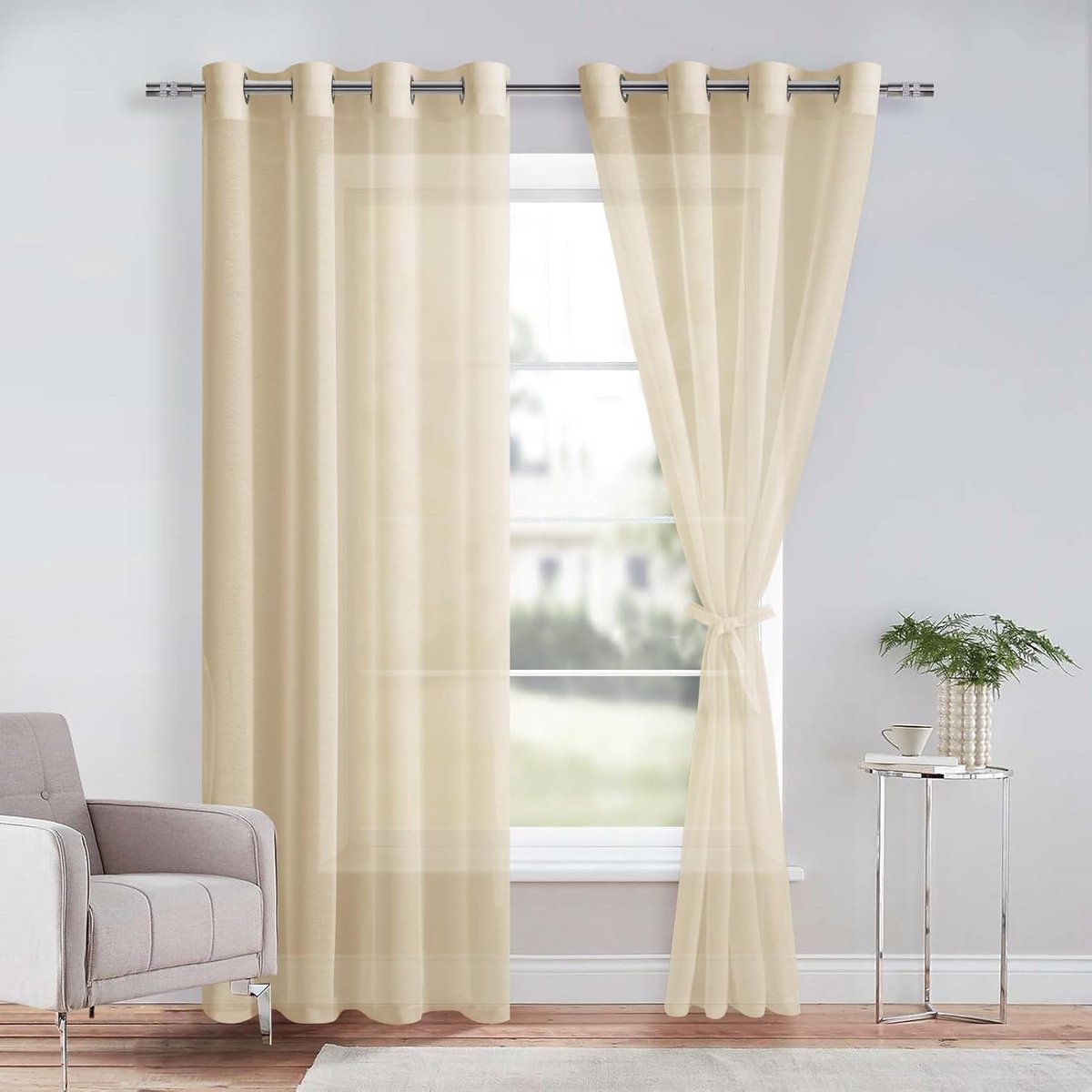 Set van 2 Beige Vitrage Gordijnen met Ringen - Linnenlook Polyester Voile - Lichtfilterend