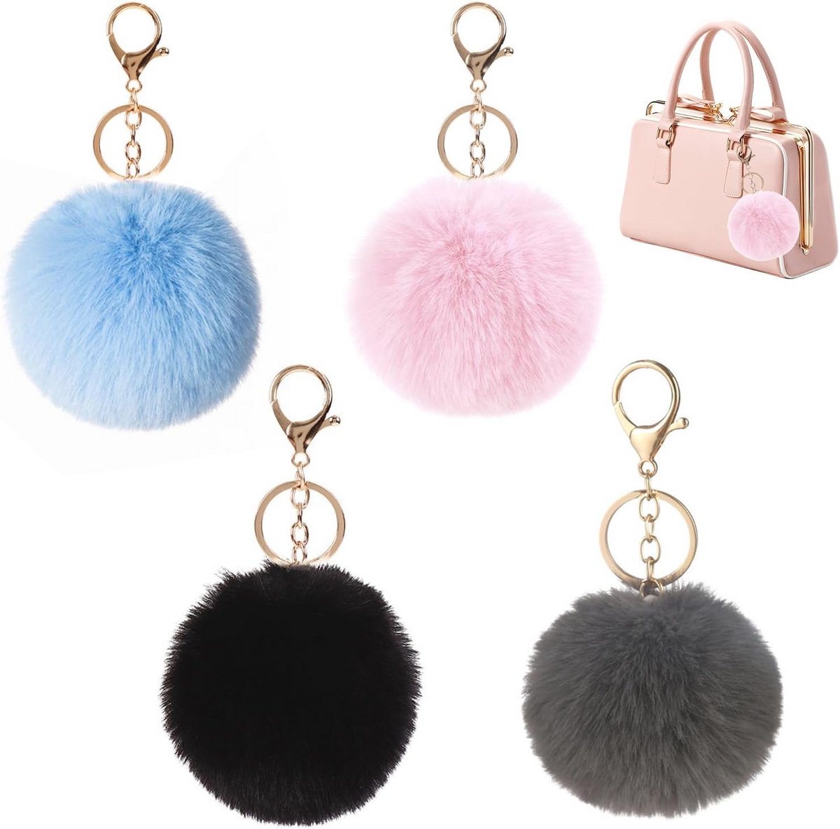 Set van 4 kleurrijke pompons voor sleutels en tassen - 8 cm synthetische pluche accessoires