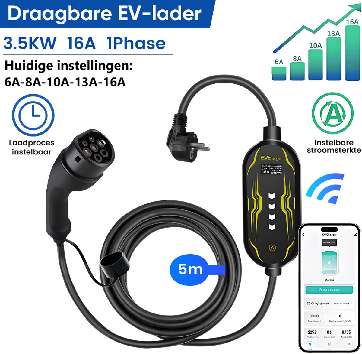 Hexinex 3.68KW 16A 5M enkelfasige EV-laadkabel - Type 2-laadstation APP-bediening Schakelbare stroom IEC62196-2 & IP65