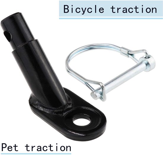 Zwarte fietskar koppeling en pin voor fiets- of dierenkar.