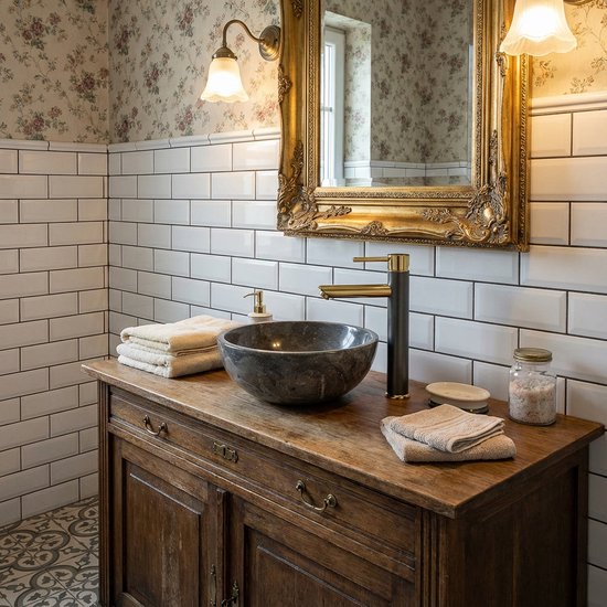 Baignoire en marbre avec robinet doré sur un meuble ancien en bois, avec papier peint à fleurs.