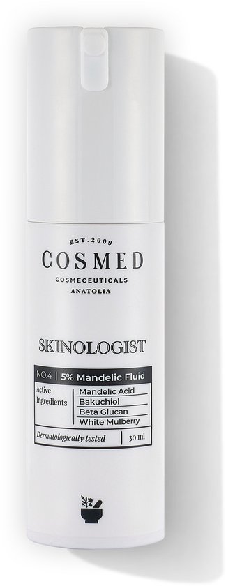 Witte flacon met pompje met het label 'SKINOLOGIST NO.4 5% Mandelic Fluid', dermatologisch getest.