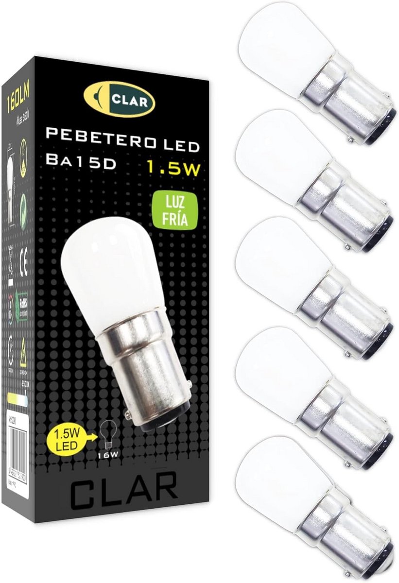 Set van 5 Krachtige BA15D LED Lampen 1.5W Koud Wit Licht voor Naaimachine en Afzuigkap