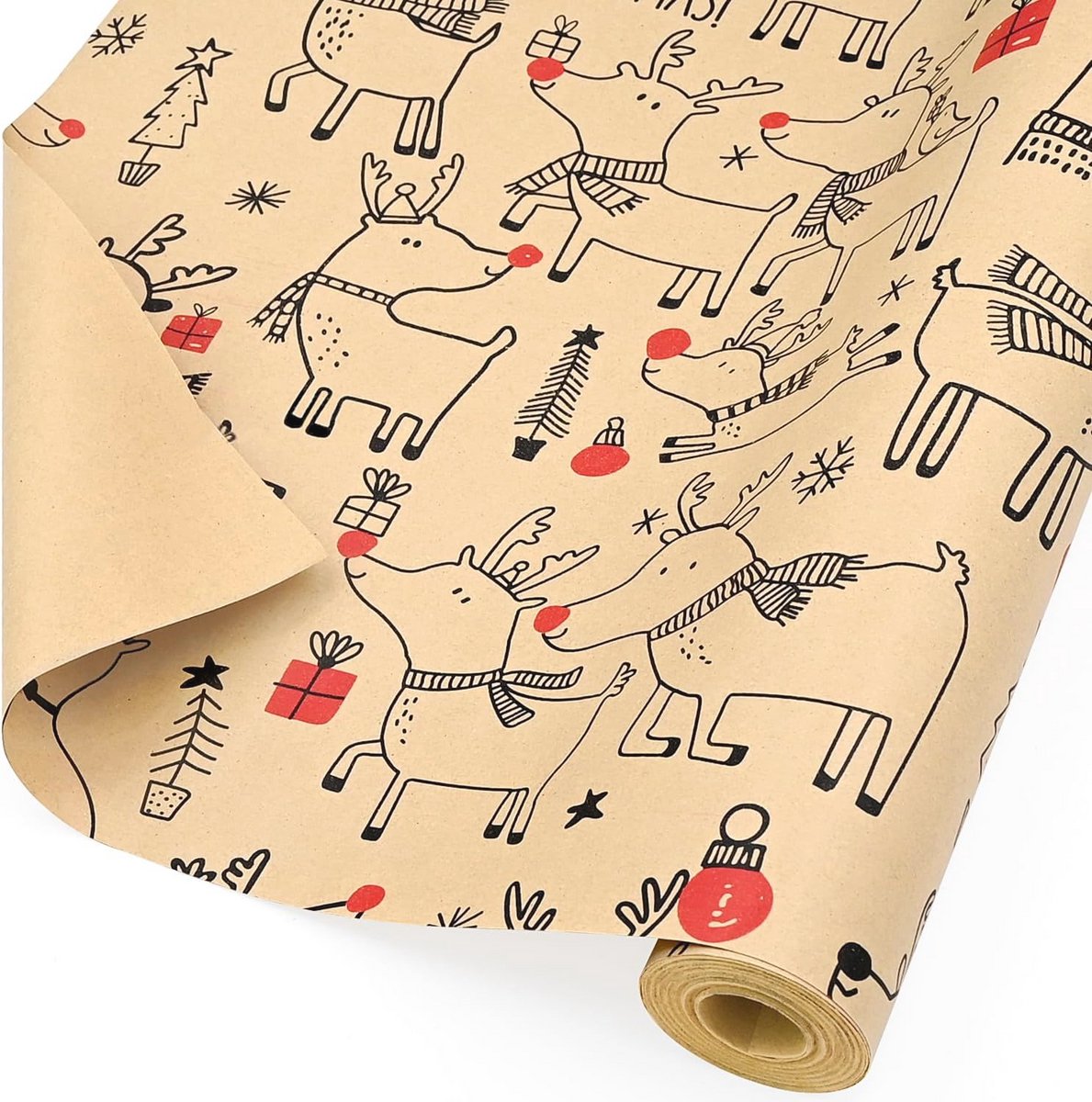 Kraft Rudolph Cadeaupapier - 12m x 43cm - Duurzaam en 100% Recycled - Perfect voor Feestdagen en Verjaardagen