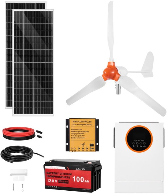 Zonnepaneel en windturbine set - Hybride off-grid kit - 600W - 2x 100W Monokristallijn Panelen - 400W 12V Windturbine Met Controller - 12,8V 100Ah LiFePO4 Accu - 1kW Omvormer