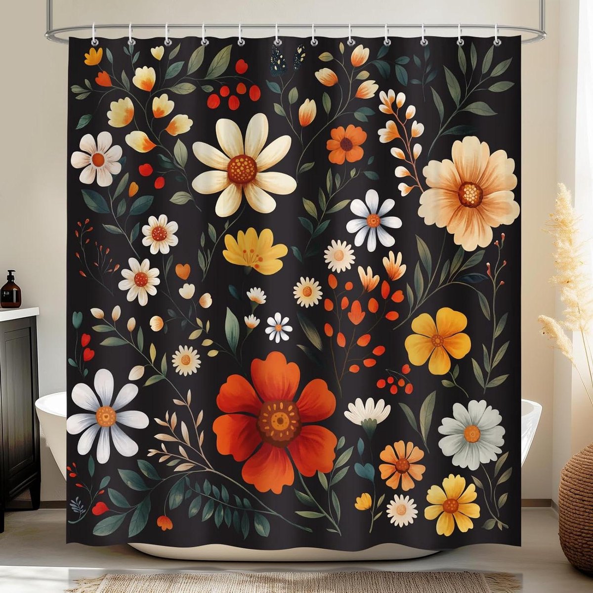 Allecta - Boho Bloemen Douchegordijn Zwart | Vintage Farmhouse Stijl 180x180cm | Waterdicht & Schimmelwerend Met 12 Haken