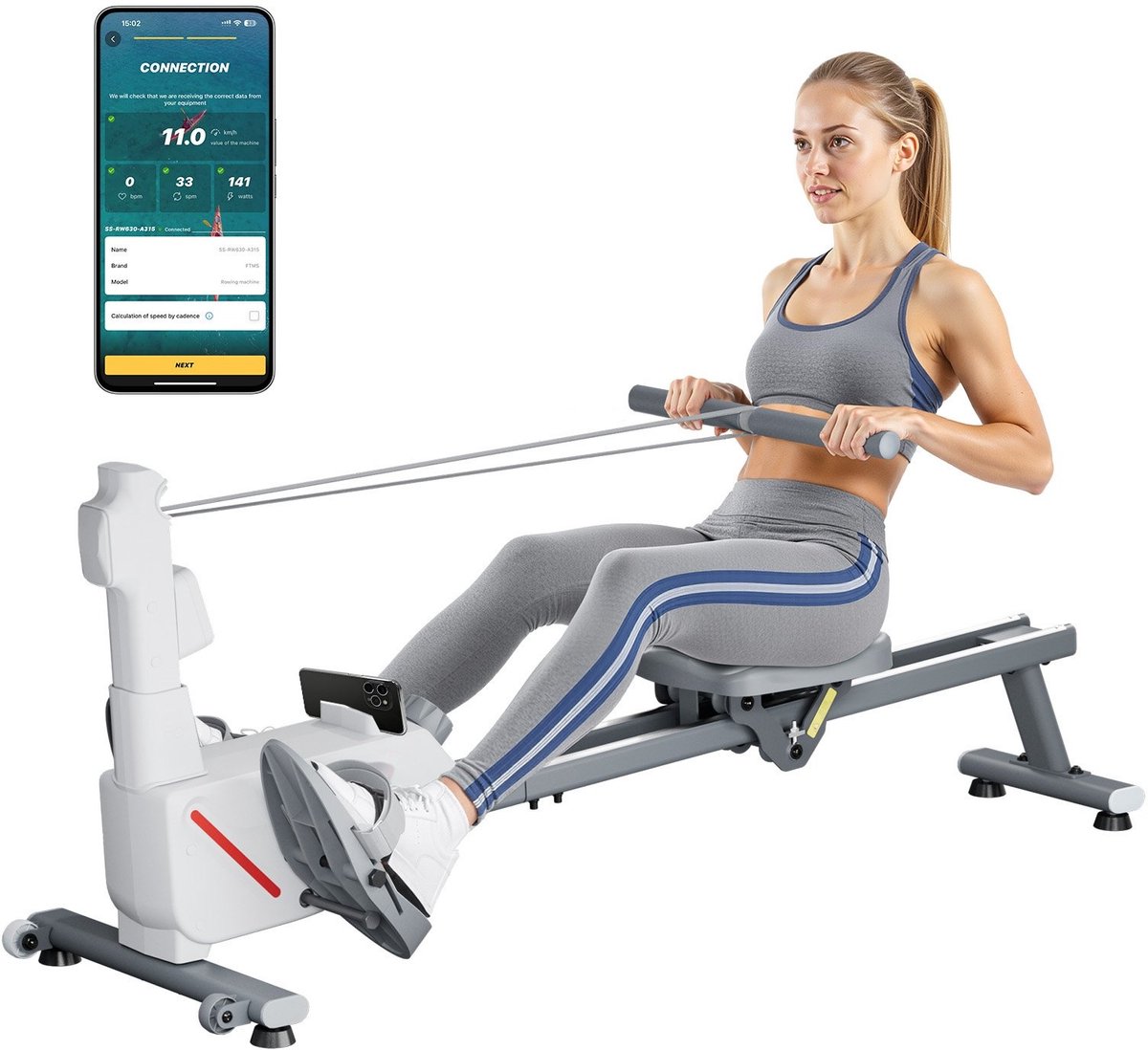Roeimachine - Magnetische Roeitrainer - 16 Weerstandsniveaus - Opvouwbaar - Dubbele Glijrails - LCD-display - Bluetooth-app - Draagvermogen 158 kg