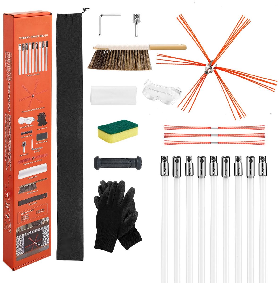 Schoorsteenborstel Set - Schoorsteenvegerset - Buigbaar 90° - Max. lengte 9 m - Voor vierkante en rechthoekige schoorstenen - Flexibele stangen - Haard en kachelpijp reiniging