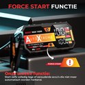 Batterie de démarrage AutoXtreme avec fonction 'FORCE START' et panneau d'avertissement.