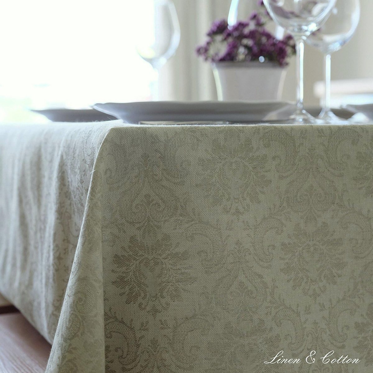Luxe Jacquard Damast Tafelkleed - 52% Linnen, 48% Katoen, Natuurlijk Beige (147 x 200 cm)
