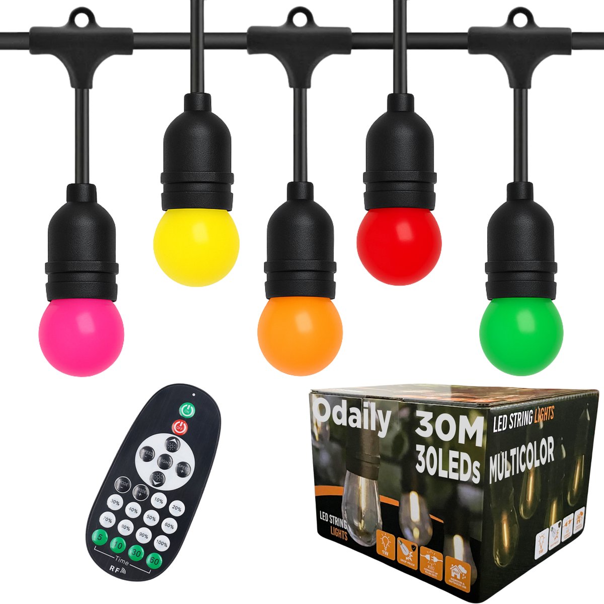 Odaily Lichtsnoer Buiten - 30 Meter - 30 LED Lampen - Multicolor Feestverlichting - Dimbaar - IP65
