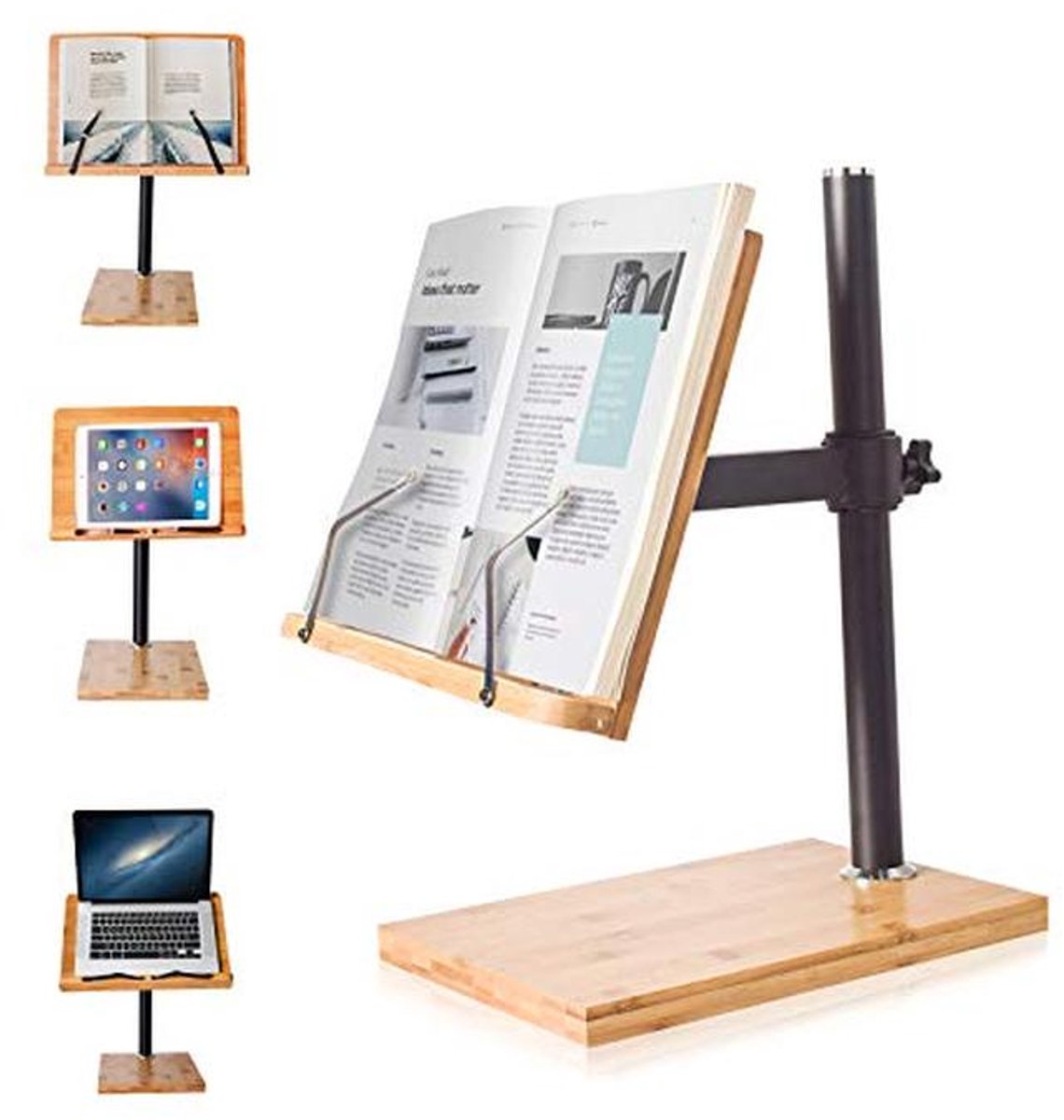 Verstelbare Boekenstandaard van Bamboe met Paginaclips voor Handsfree Lezen