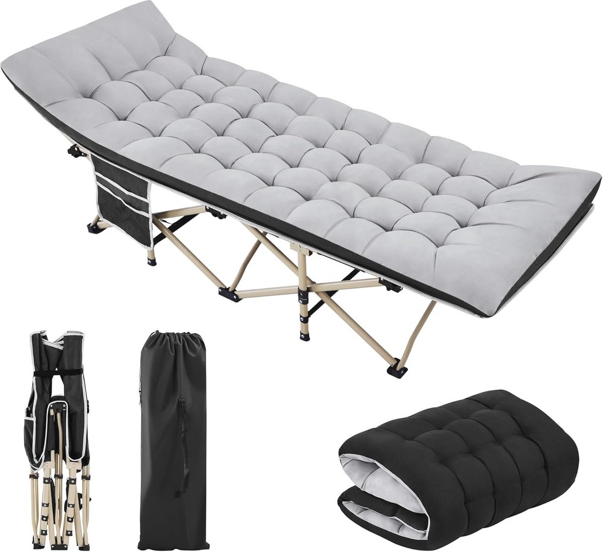Veldbed met Matras - Inklapbaar Campingbed met Draagtas en Zijzakken - 191 x 67 cm - Tot 150 kg