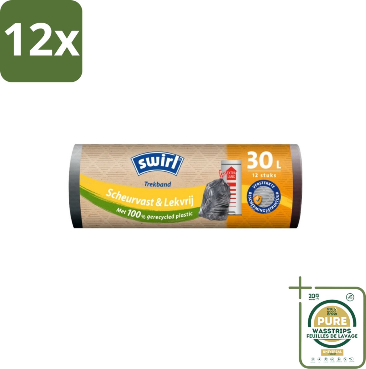 Swirl – Afvalzakken – 30 L – Trekband – 12 zakken - Voordeelverpakking - 12 stuks - 30 liter - Hygiëne