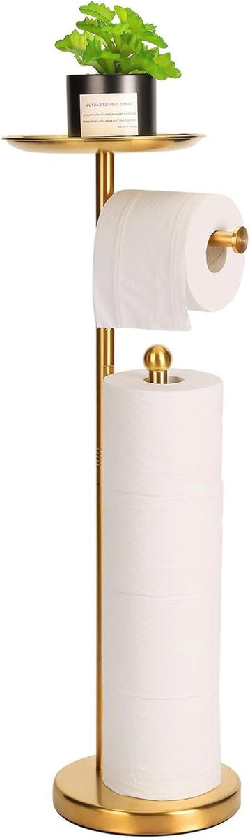 Staande toiletpapierhouder goud met telefoonplank - Voor 5 rollen, roestvrij staal