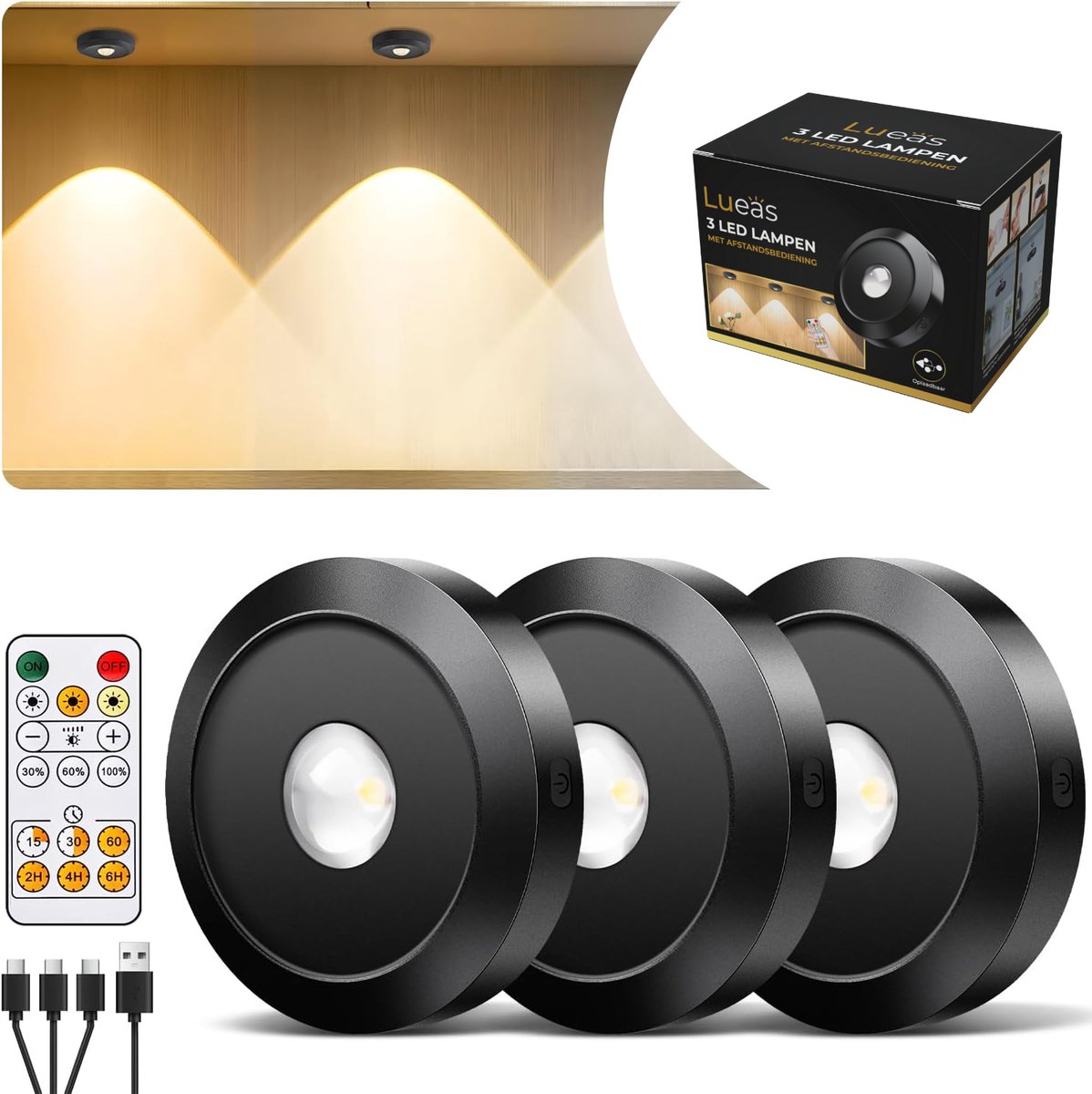 Lueas® - Oplaadbare ledspotjes 3 stuks - Met Afstandsbediening - Dimbaar & Magnetisch - USB-C