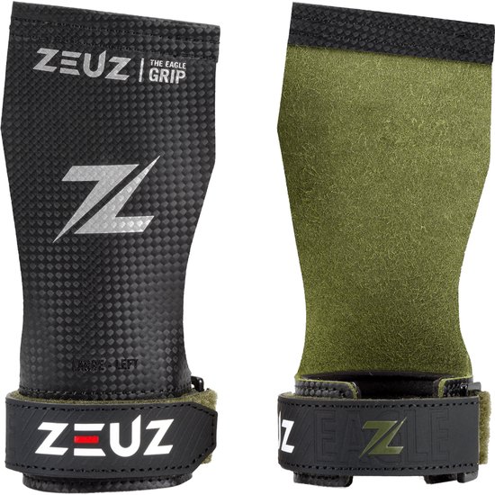 Gants de fitness Zeuz noirs 'The Eagle Grip' aspect carbone, daim vert à l'intérieur et logo 'Z'.