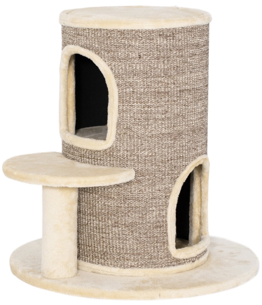 MODFU Krabpaal 61 cm van sisal en pluche, met twee niveaus, huisje en uitkijkplatform, beige/bruin, compact ontwerp