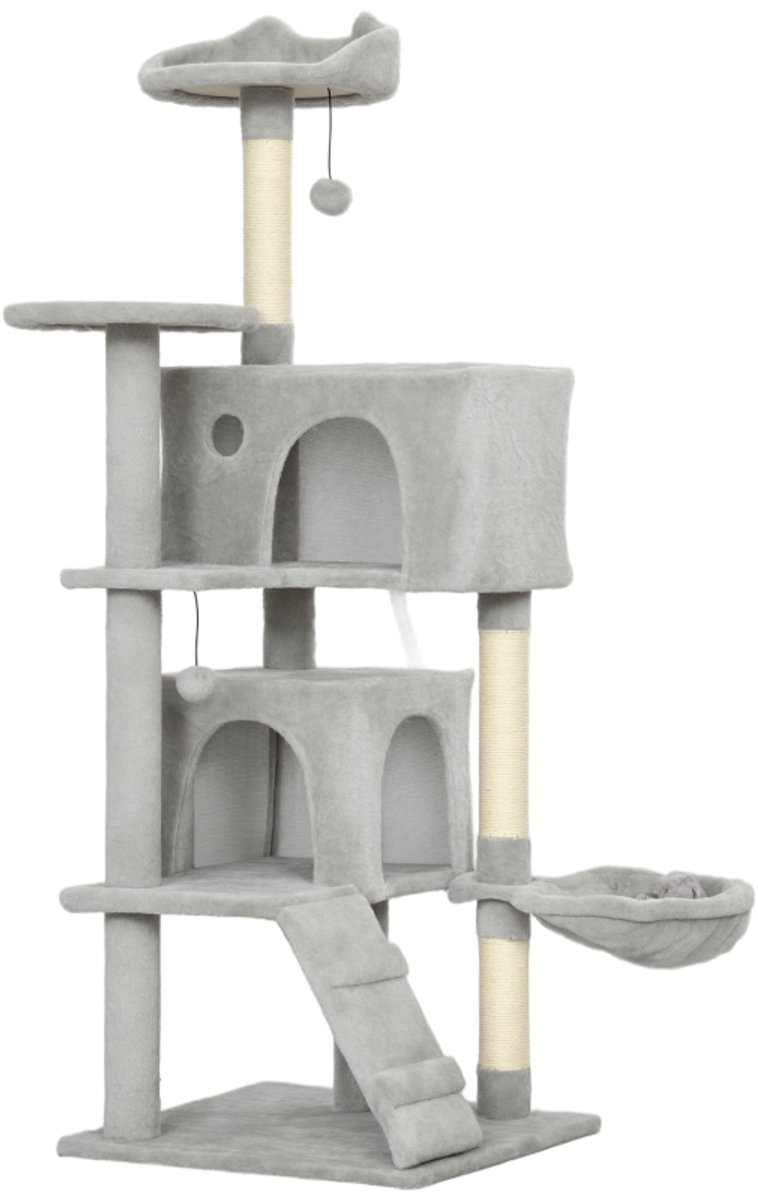 MODFU Krabpaal 140 cm van sisal en pluche (polyester), met huisje, hangmat, ladder en speelballen, lichtgrijs
