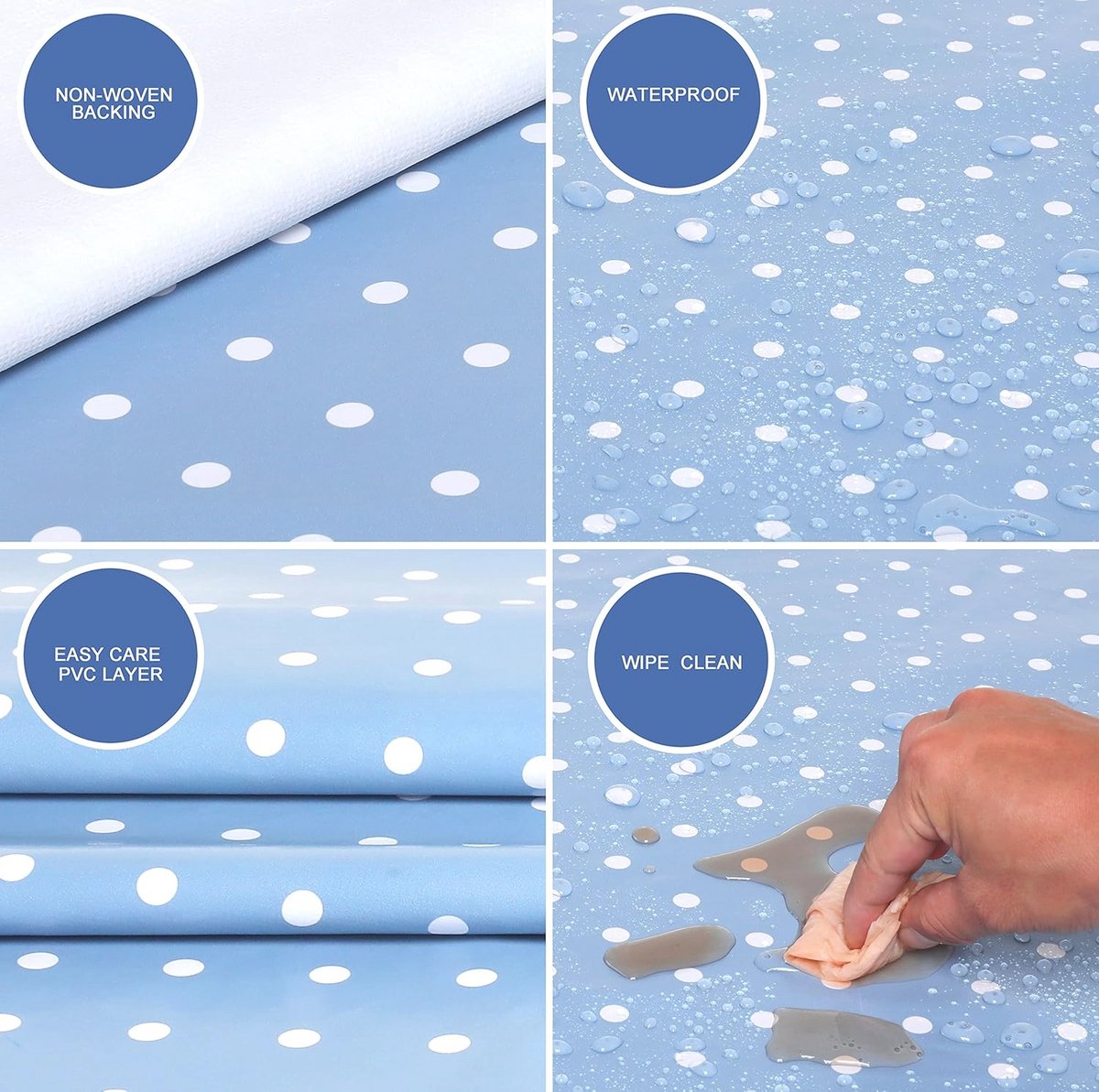 Afwasbaar rond tafelkleed 140 cm met kleine stippen in blauw en grijs