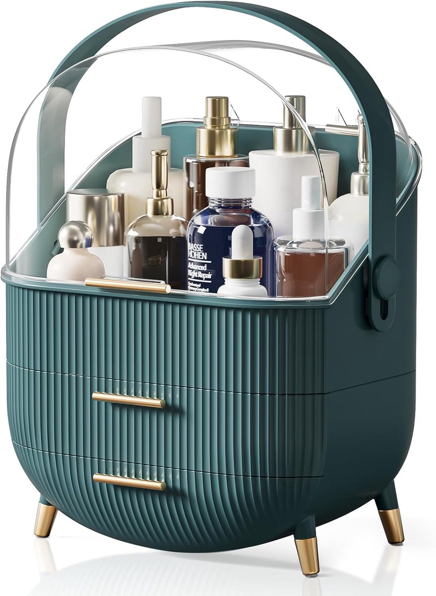 NETTLIFE Make Up Organizer - Skincare Organizer - Organizer Make Up - met 3 niveaus - Make up koffer - Opbergdoos - draaibare handgreep en doorzichtig deksel - Water- en stofdichte cosmetica - Donkergroen