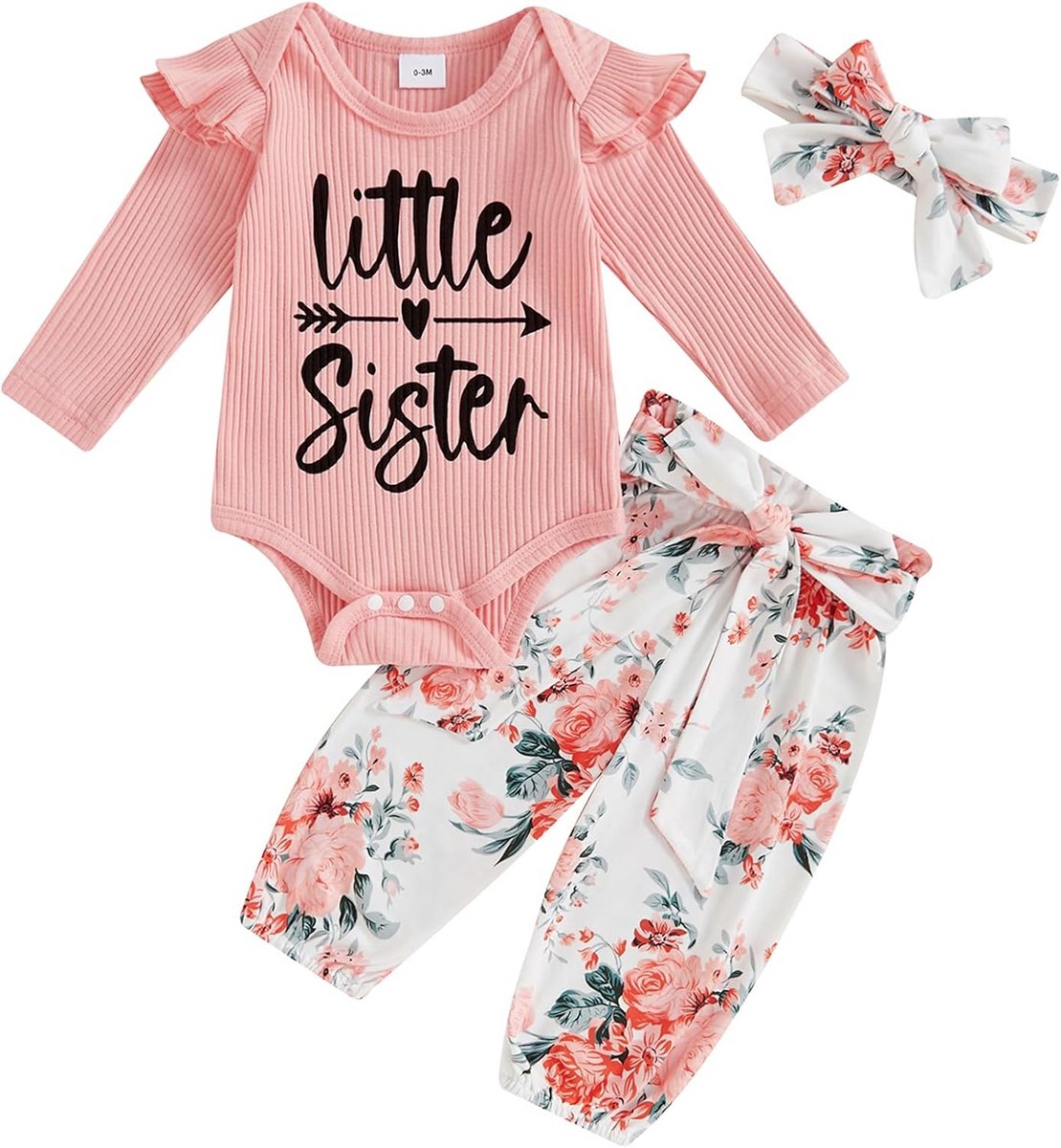 Schattige 3-delige Set Baby Meisje: Romper, Gebloemde Broek en Strik Hoofdband