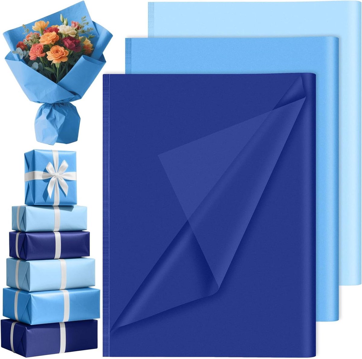 Allecta - Vloeipapier voor verjaardagsfeestjes - Blauw - 90 vellen - Geschenkverpakking - Babyshower - Vrijgezellenfeestdecoraties