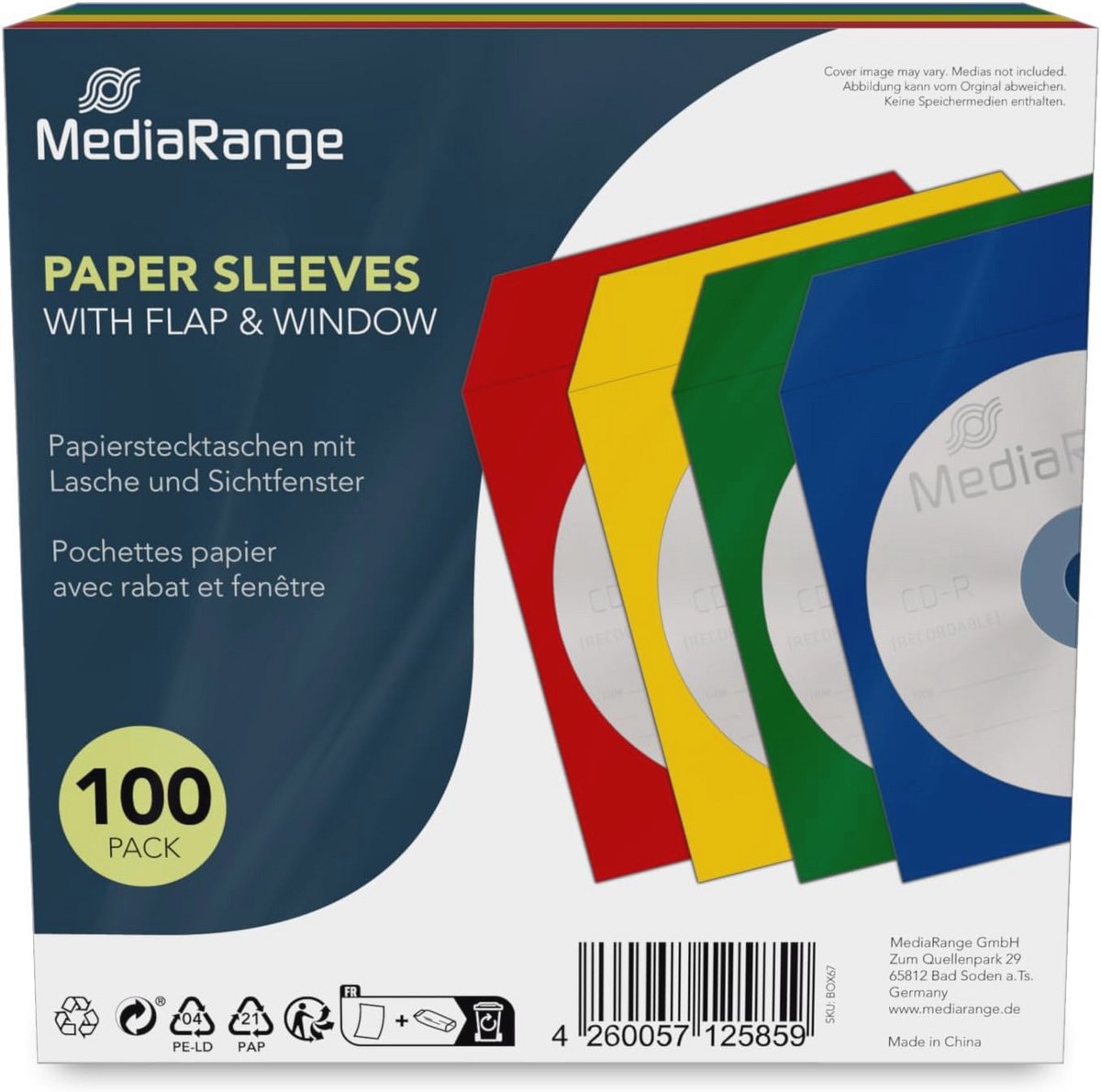 Papieren CD-hoes met kijkvenster voor 100 stuks in diverse kleuren
