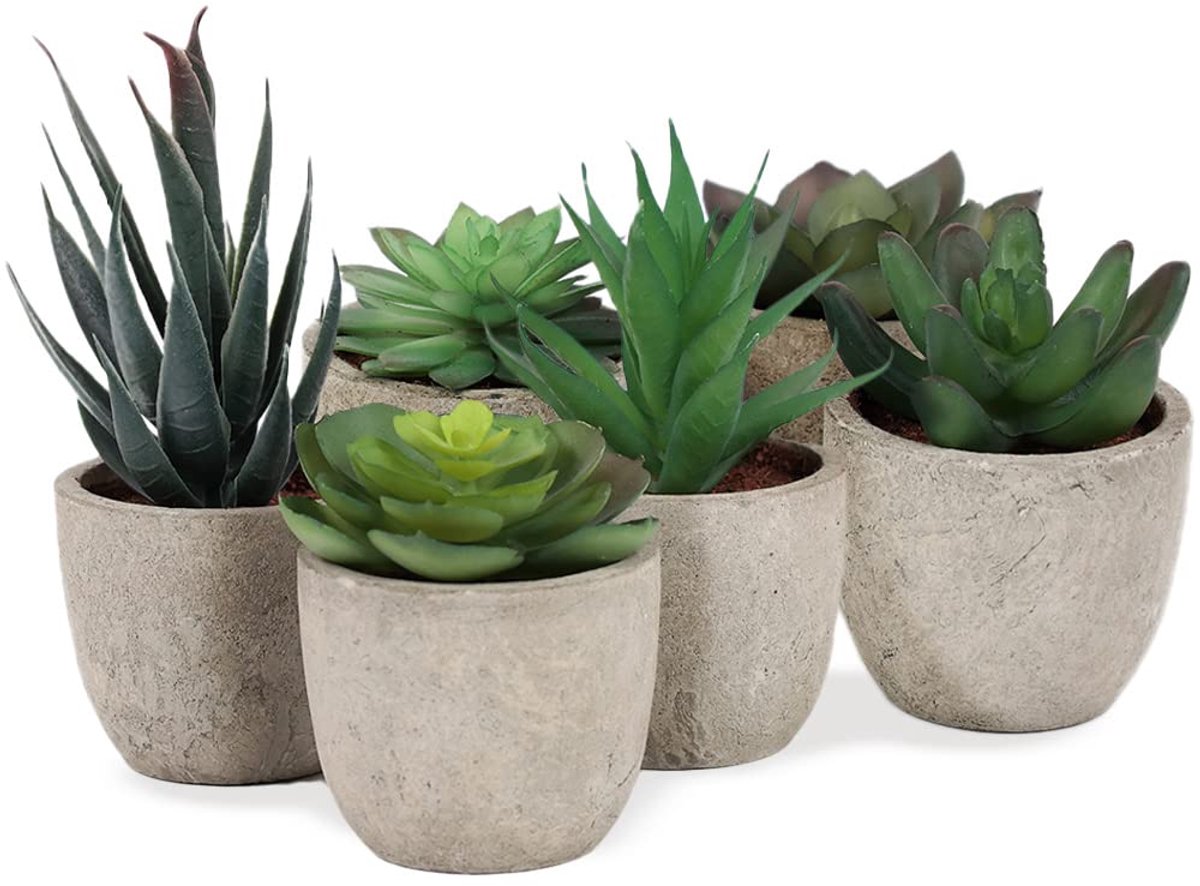 Unyqoos Set van 6 decoratieve kunstplanten in stijlvolle potten voor elk interieur Groen Grijs