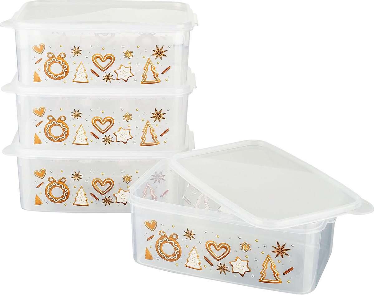 Set van 4 rechthoekige koekjesblikken - 2,5 l transparant met peperkoek ontwerp