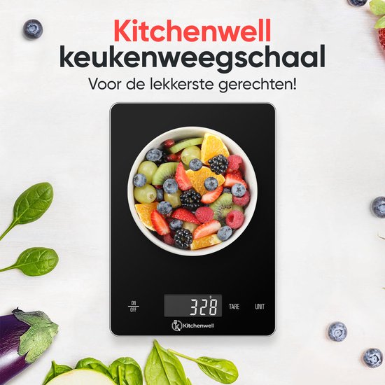 Kitchenwell Digitale Precisie Keukenweegschaal – Weegschaal Keuken - 1gr - 15kg – Tarra Functie - USB Oplaadbaar - Zwart