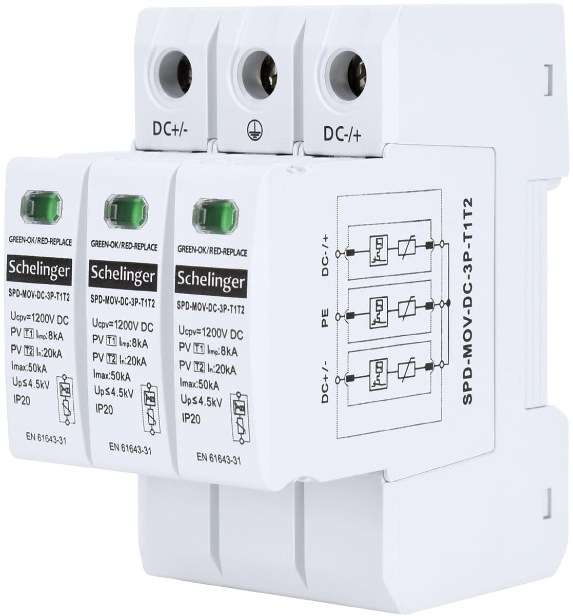 Schelinger Overspanningsbeveiliging 3-polig T1+T2 (B+C) - 1200V DC - 50kA - DIN-rail 35mm - SPD 3-module - IP20
