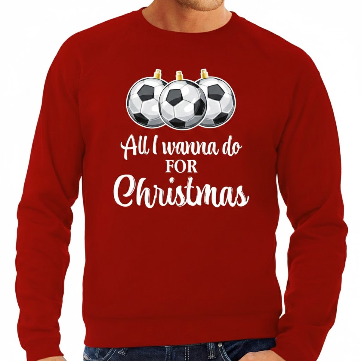 Bellatio Decorations Foute Kersttrui / sweater voor heren - voetbal Kerstbal - All I wanna do - rood XL