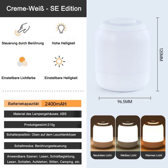OYLCDI Nachttischlamp LED Nachttischlamp LED Nachtlicht - Dimbaar Sfeerlamp - LED Vast Geïntegreerd - Wit Licht - Warm Licht - Neutraal Licht - Met Batterij - USB Oplaadbaar - Met Touch-Sensor - Draagbaar Nachtlampje Voor Kinderen/Volwassenen van Merkloos — afbeelding 4