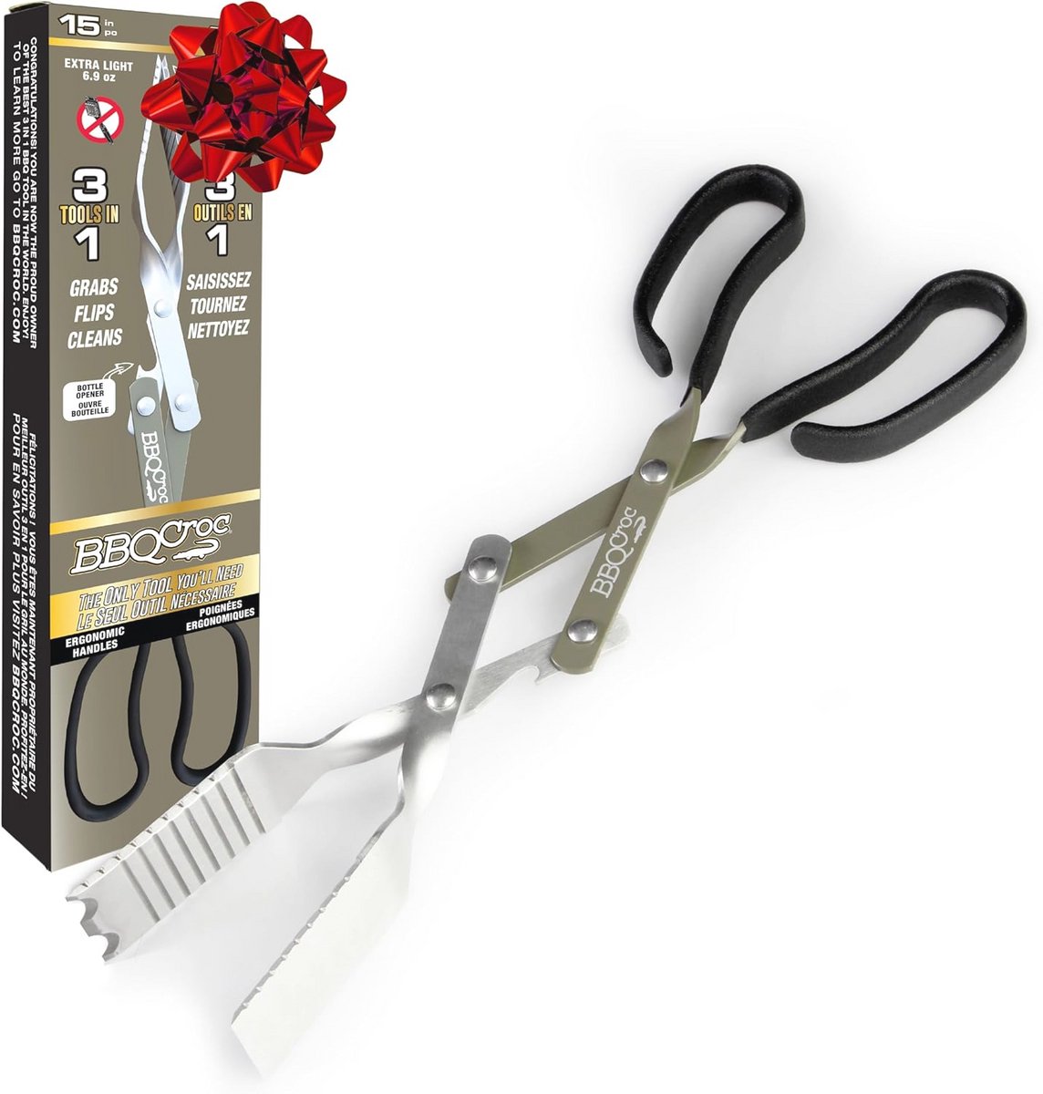 3-in-1 Barbecuetool - Extra Lichte Tang, Spatel en Grillreiniger (15 inch)
