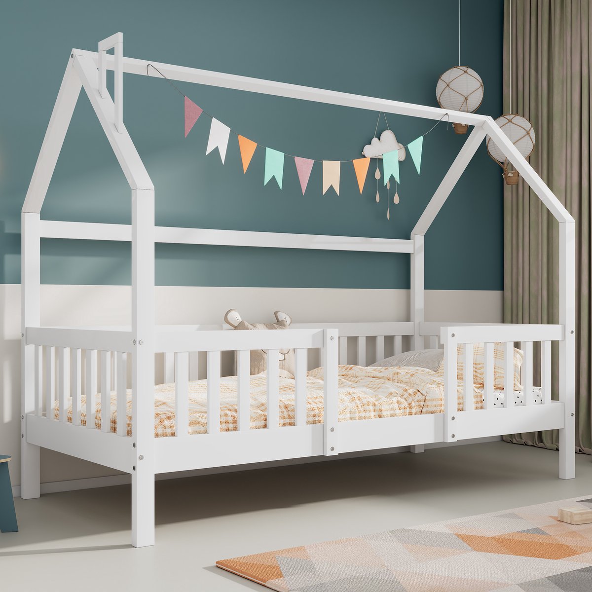 OKWISH Kinderhuisbed 90x200cm - Huisbed Met Dak En Hekje En Lattenbodem - Zonder Opbergruimte - Kinderkamer Speelplaats - Vurenhout Wit - Zonder matras