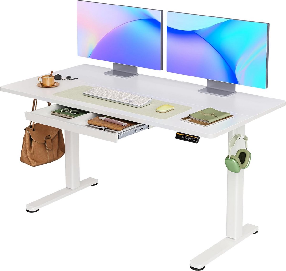 In Hoogte Verstelbaar Bureau met Lade en Geheugenfuncties, Wit