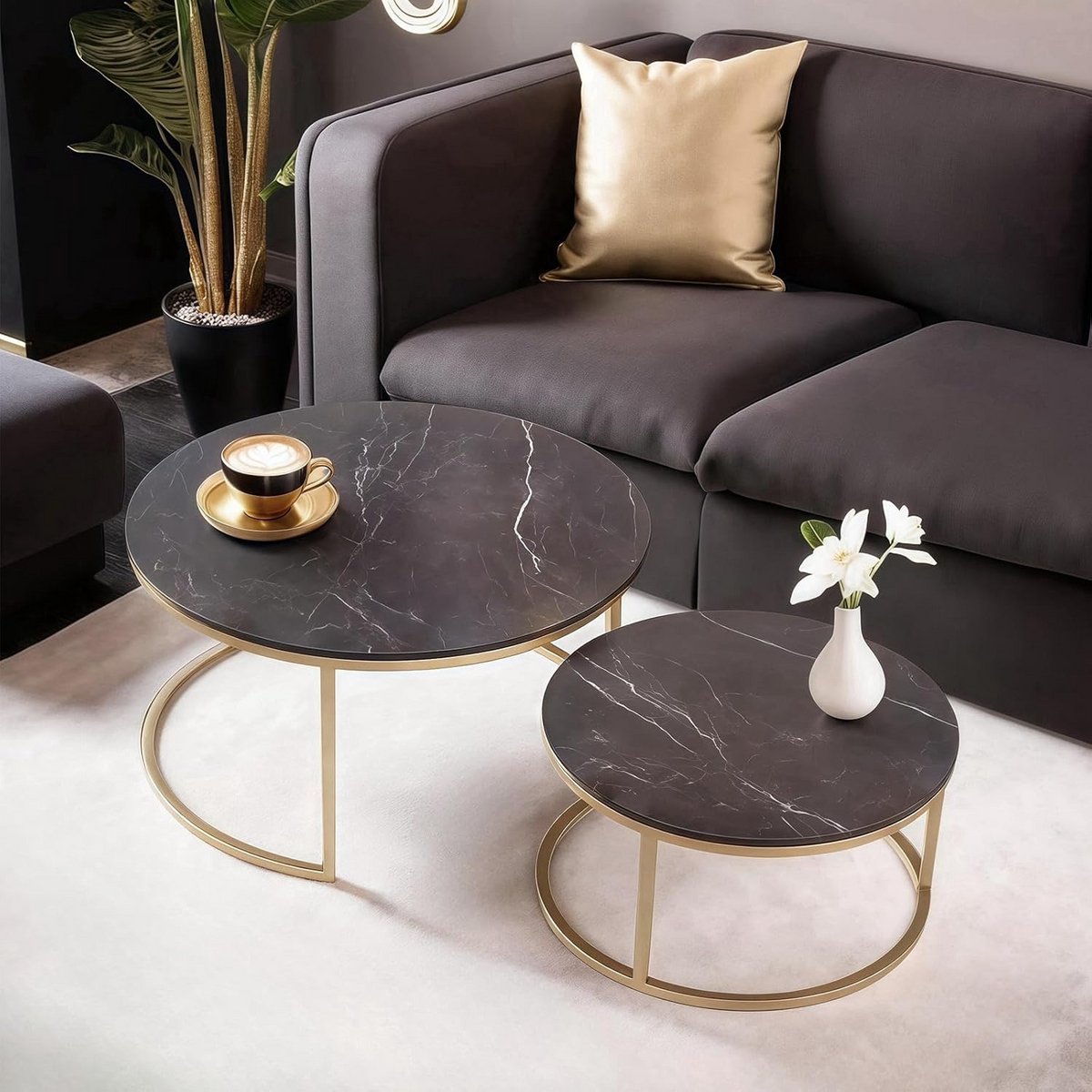 Set van 2 Ronde Salontafels - Zwart Marmer Look met Gouden Frame - Woonkamertafel en Schakeltafel