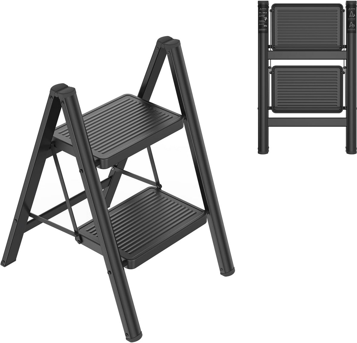 Inklapbare Trapladder met 2 Treden - Zwarte Stevige Huishoudladder met Brede Antislip Treeplank - Maximaal Draagvermogen 270 kg