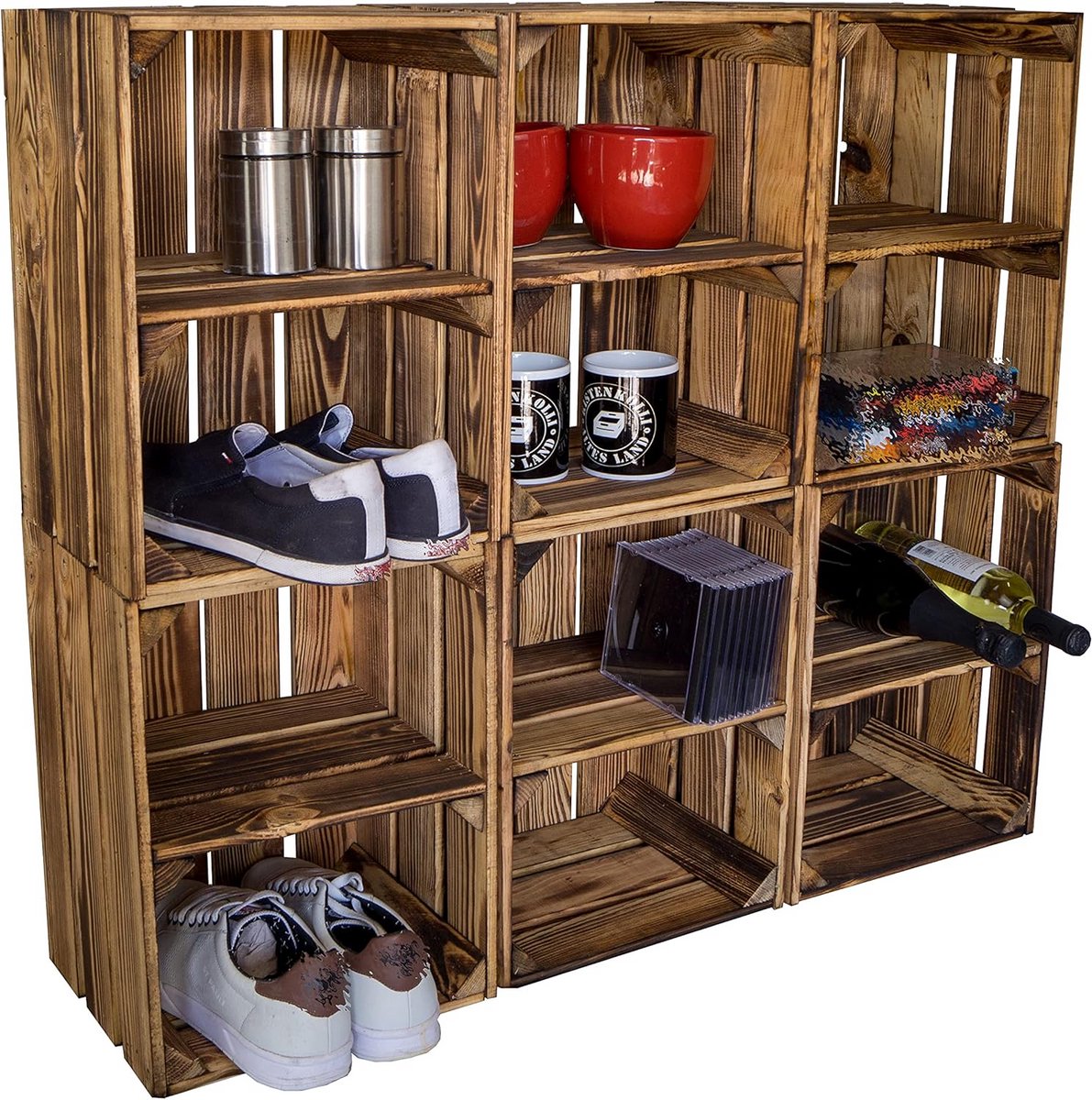 Houten Kist Gevlamd 40x30x25 cm - Stevig Opbergrek voor Wijn, Boeken of Speelgoed