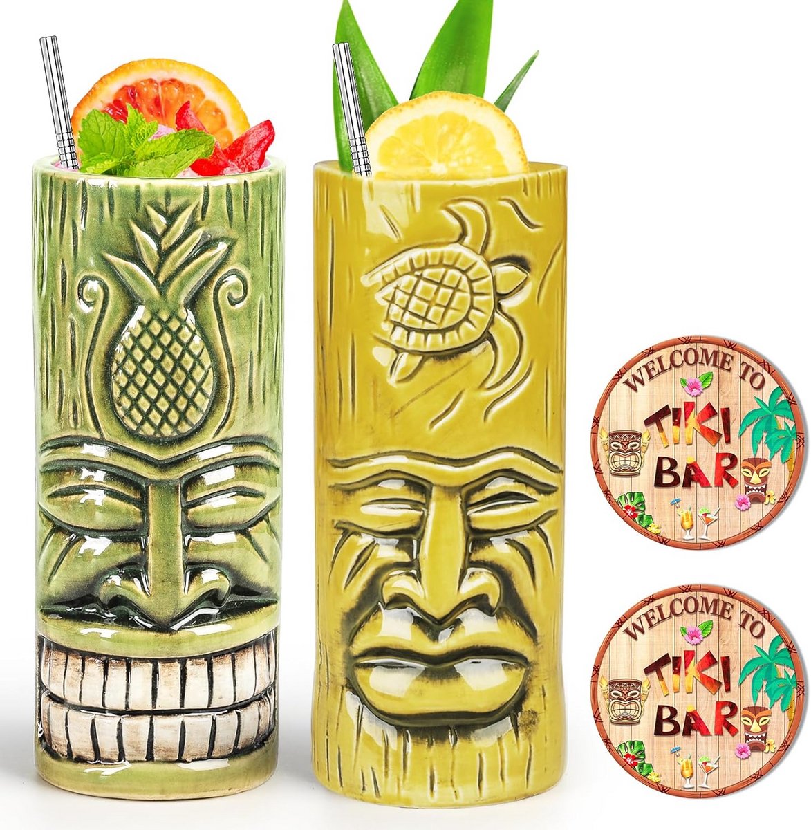 Set van 2 Keramische Tiki Bekers voor Exotische Cocktails - Hawaii Feest Servies
