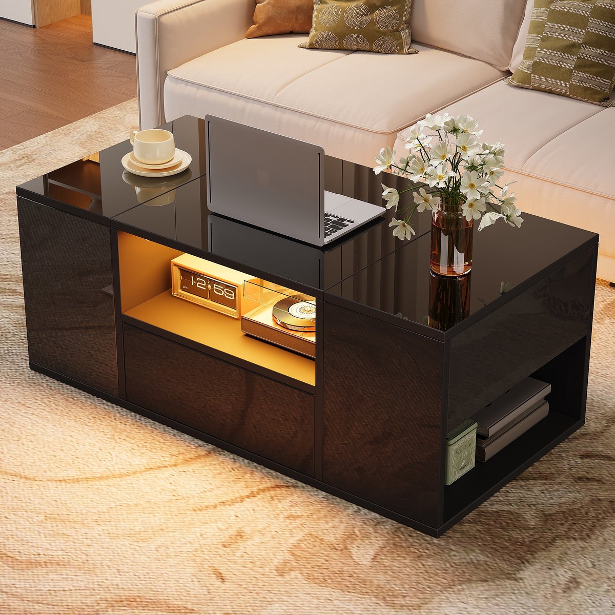 Sweiko Salontafel - Met lade - LED-verlichting - Hoogglans - 6 opbergvakken - Zwart