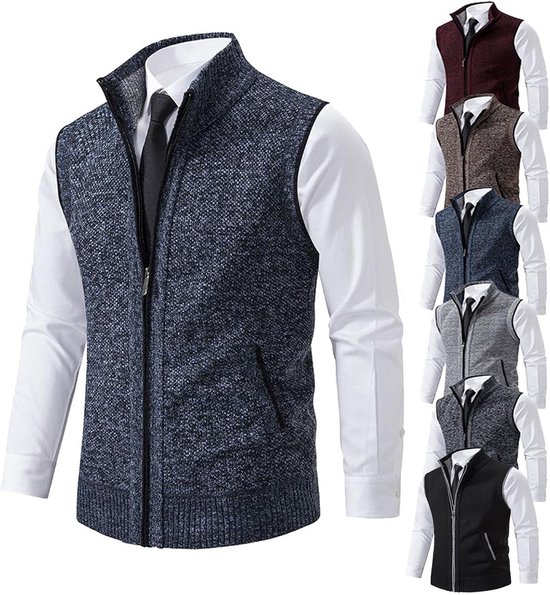 Donkerblauwe gebreide bodywarmer met rits, opengewerkte stof, zwarte bies. Ook in andere kleuren.