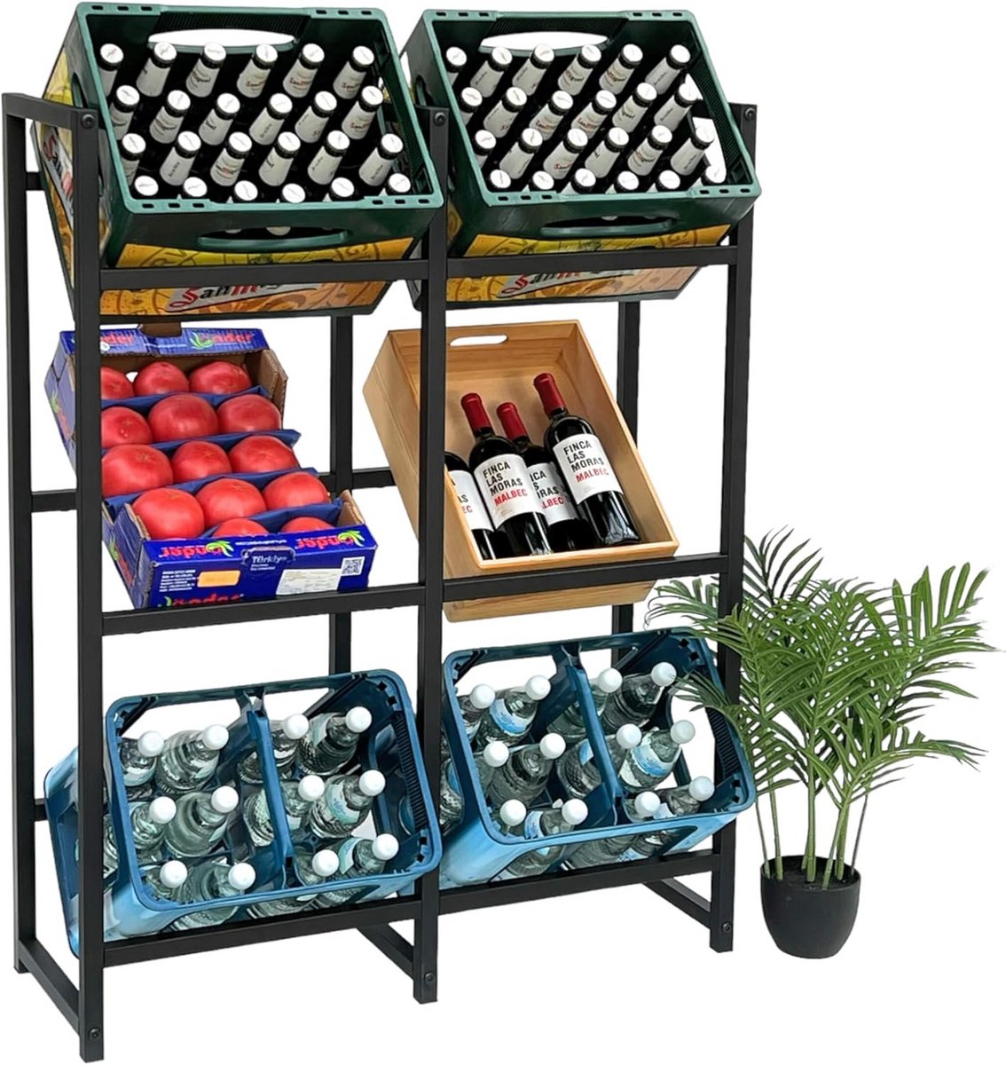 Wandrek voor 6 Kratten - Metalen Flessenrek Zwart - 91 cm Breed - Ruimtebesparend Opslagrek