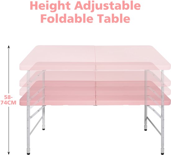 Campingtafels 125 cm - Inklapbaar Met Handgreep En Verstelbare Hoogte - Multifunctioneel - Kunststof - Roze — afbeelding 3