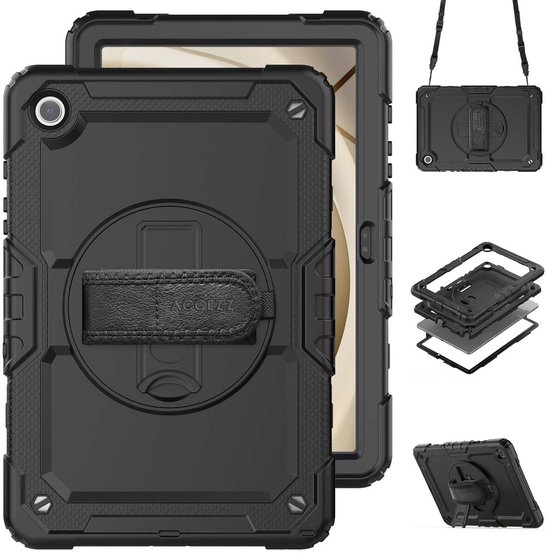 Coque de tablette noire, robuste avec sangle à main intégrée et support rotatif.